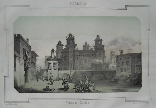 Ferrara, Castello Estense. Litografia Originale Del XIX Secolo. Barbieri, Pagnoni.