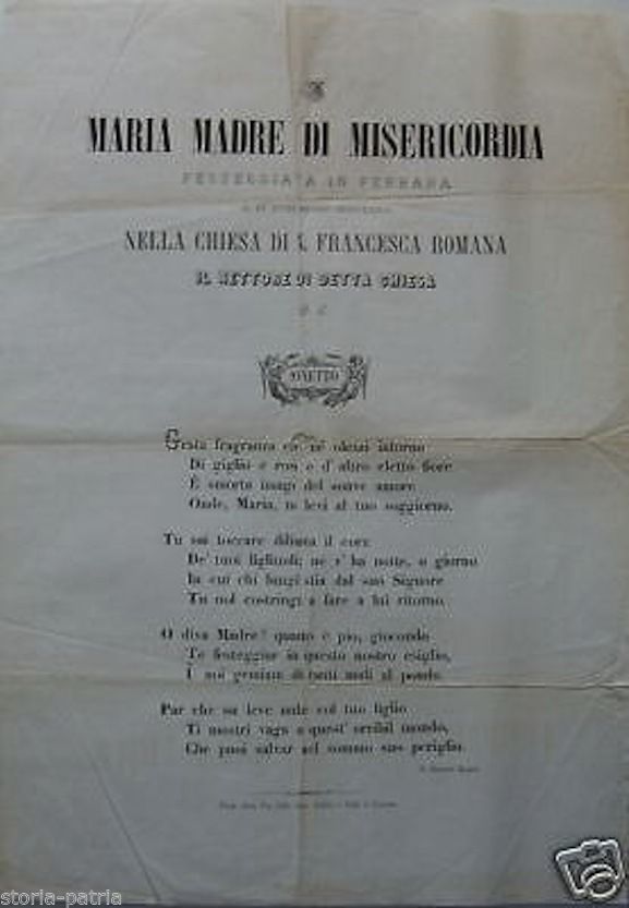 Sonetto Per Maria Madre Di Misericordia, Ferrara 1876. Ernesto Baroni