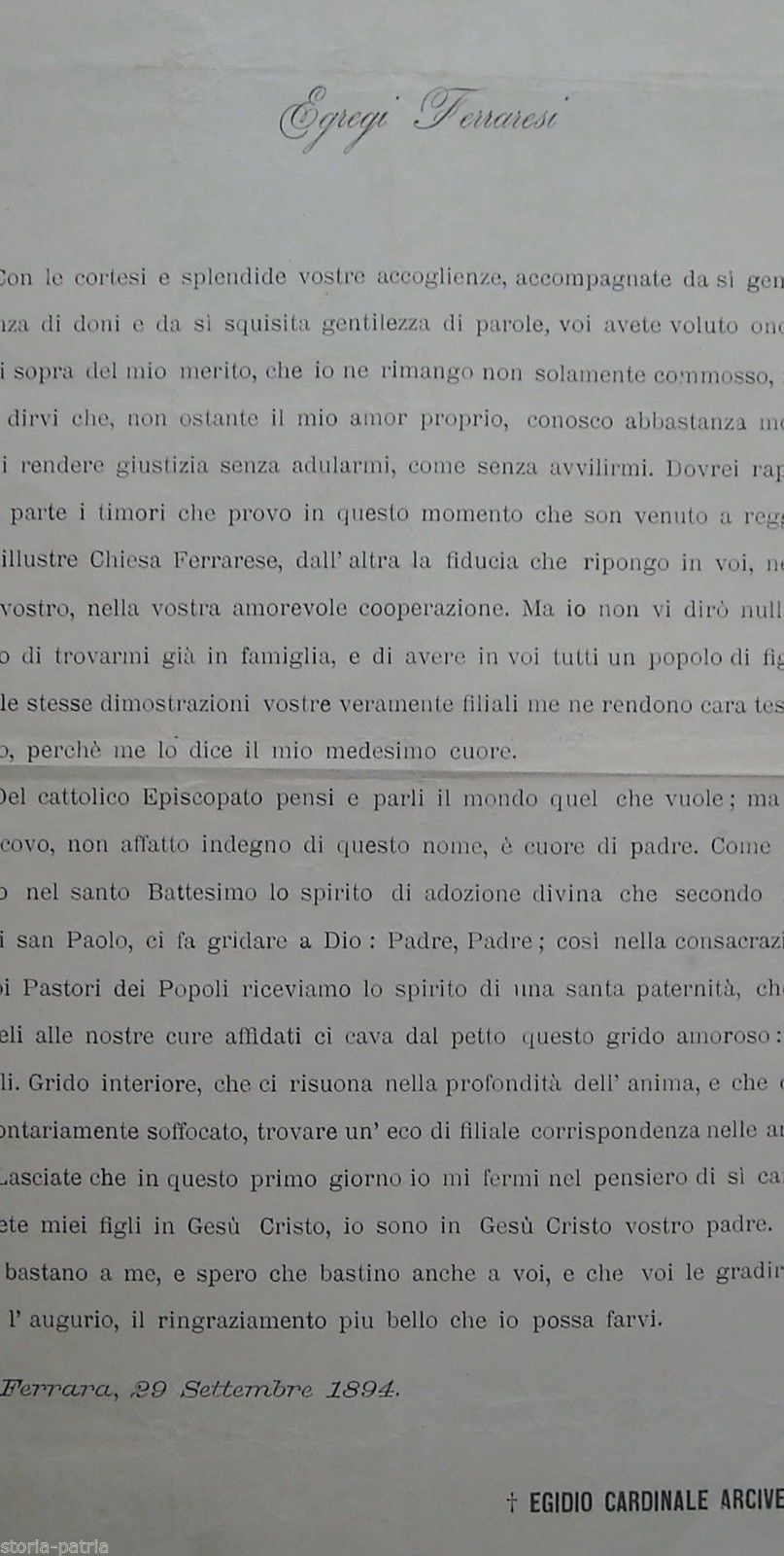 Messaggio Del Cardinale Egidio Arcivescovo Di Ferrara, 1894, Foglio Volante