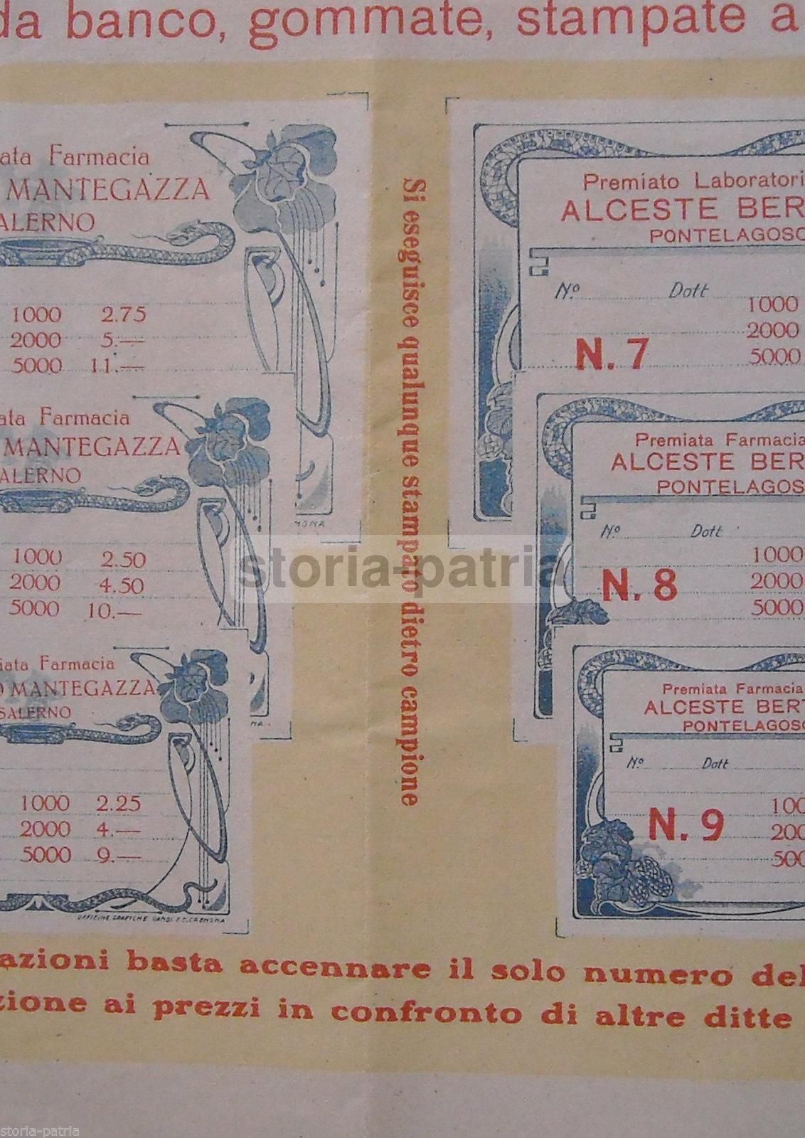 Etichette Farmacia Mantegazza, Bertinelli E Zaniboni, Stile Liberty, Anni 1910 1920