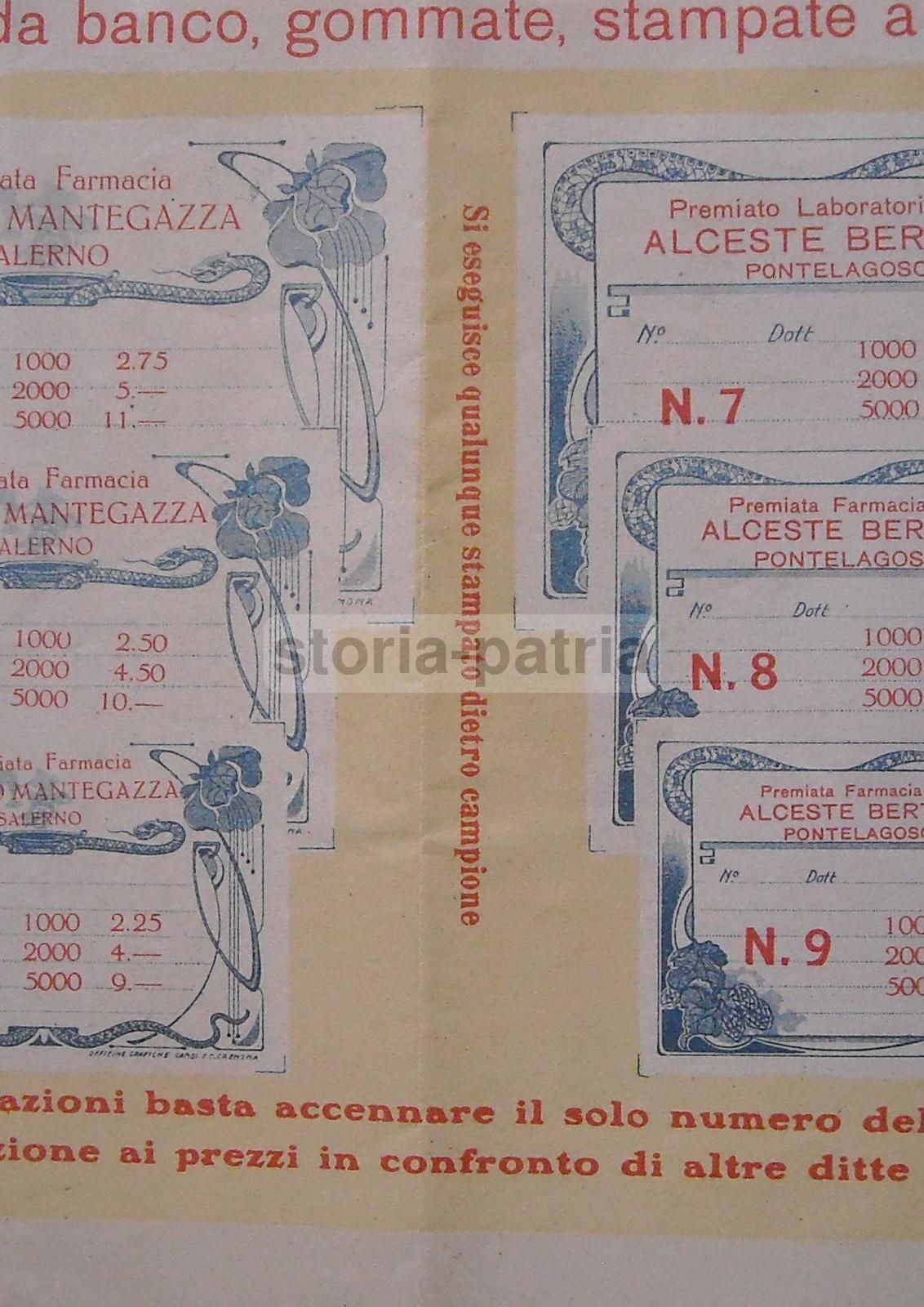 Etichette Farmacia Mantegazza, Bertinelli E Zaniboni, Stile Liberty, Anni 1910 1920