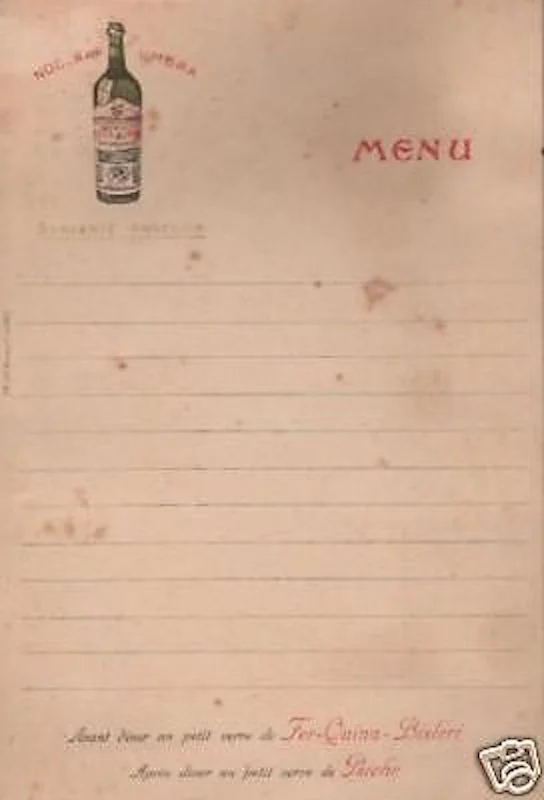Ferro China Bisleri and Acqua Nocera Umbra Advertising Menu, circa 1900