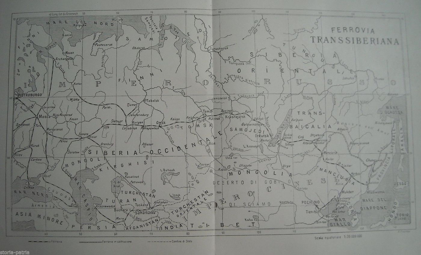 Mappa Ferrovia Transiberiana Antica: Mosca, Siberia, Cina, Giappone