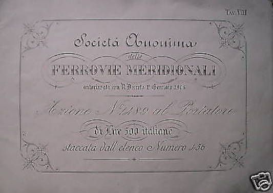 Azione Ferrovie Meridionali Pesaro, Stampa Litografica, 1900 Circa