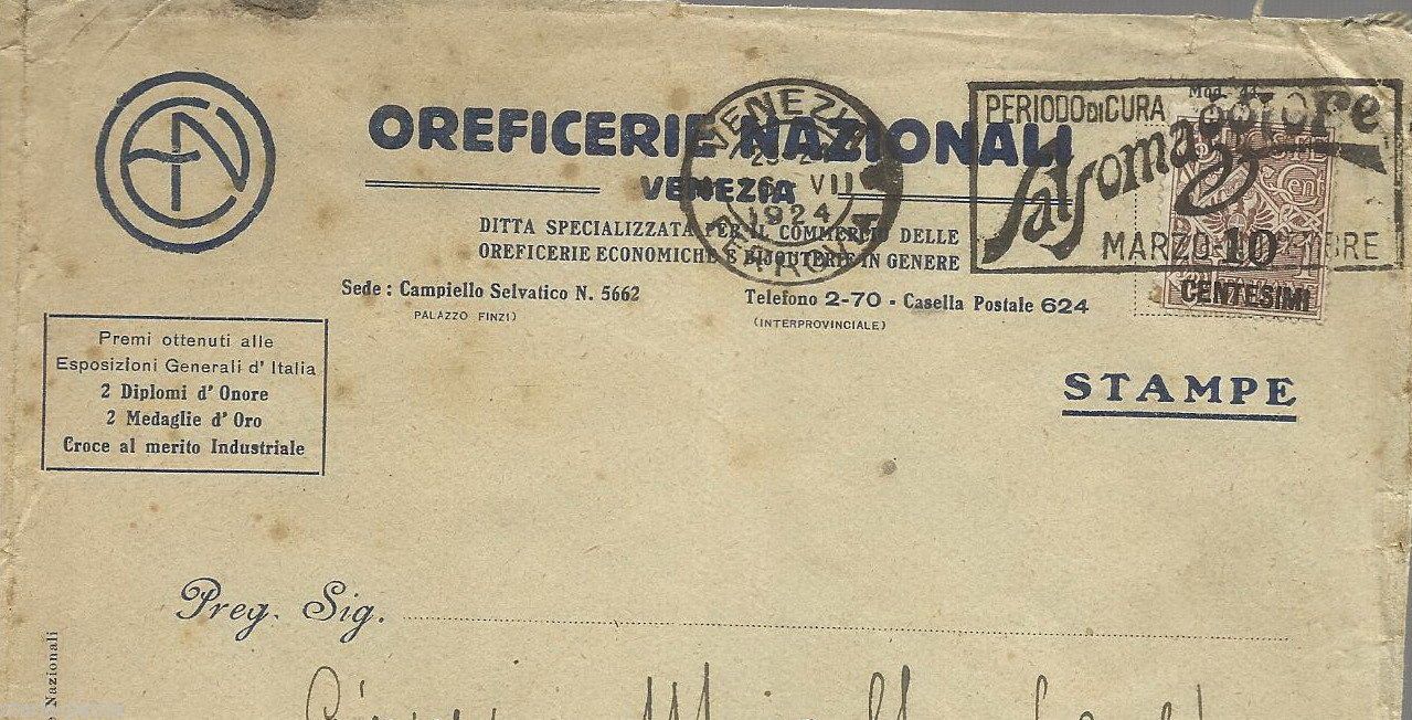 Busta Pubblicitaria Oreficerie Nazionali Venezia Salsomaggiore 1924
