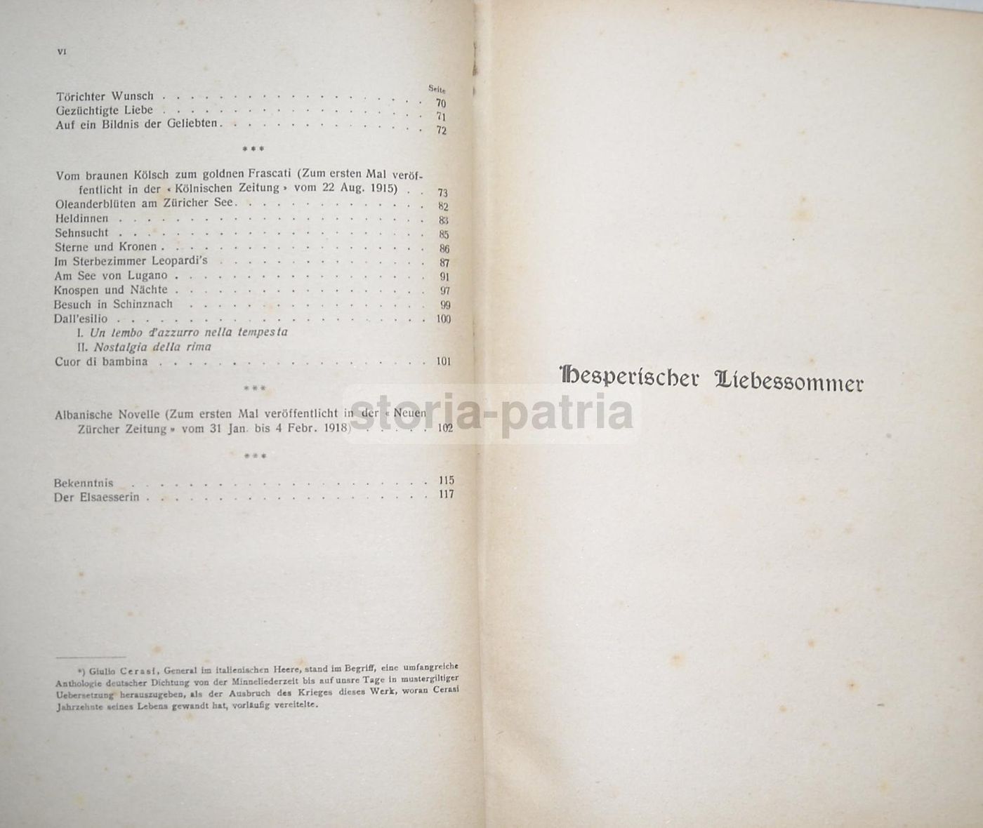 Stein, Desperischer Liebessommer (1920) Dedica A Giolitti, Leopardi