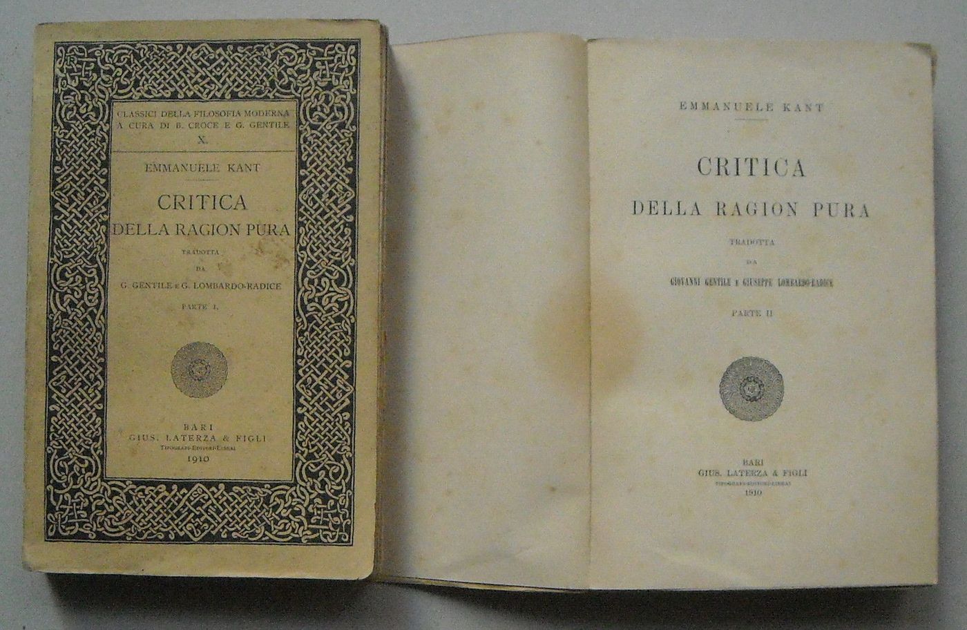 Critica Della Ragione Pura, Kant, Laterza, 1910, Due Volumi, Gentile