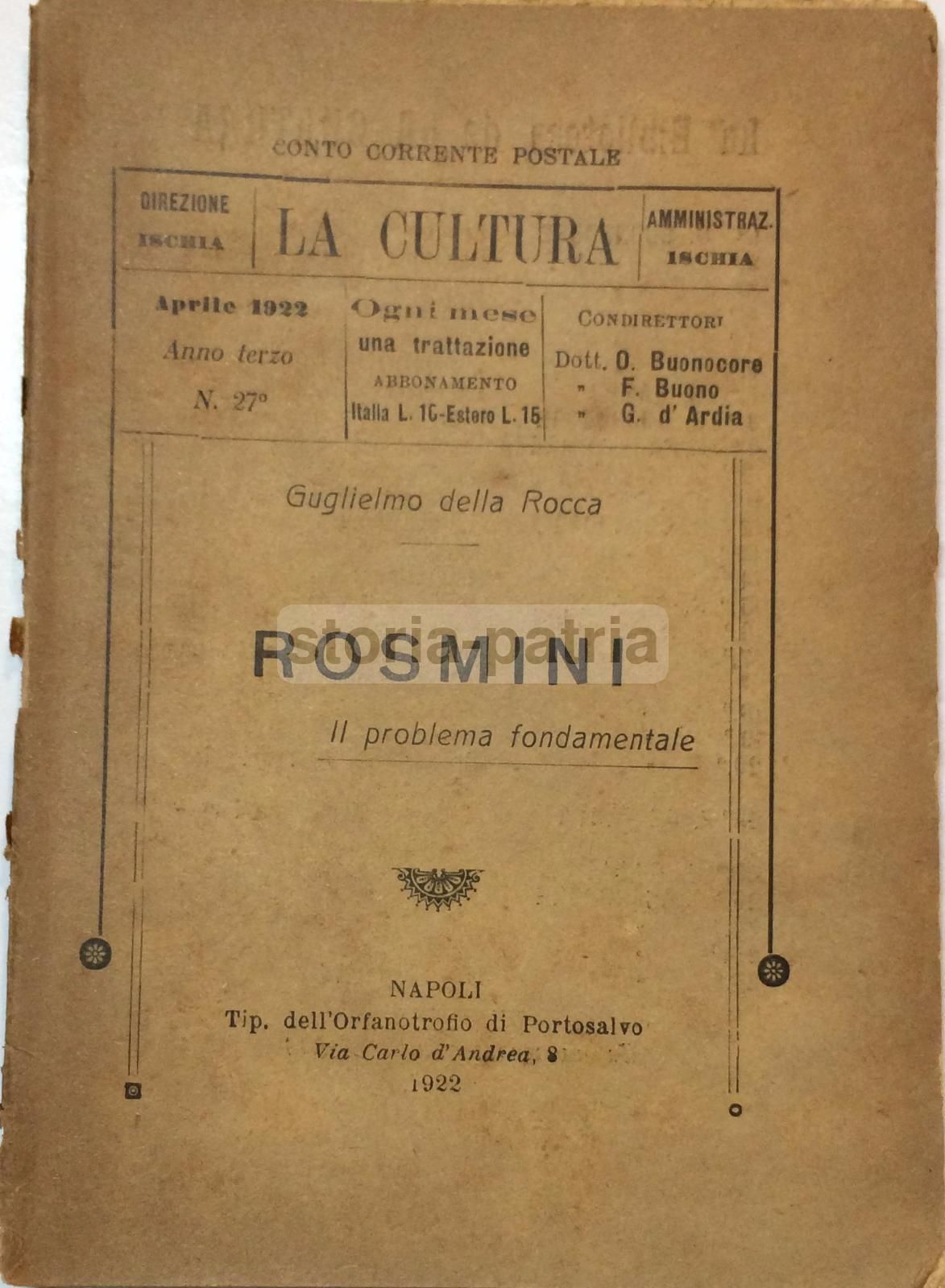 Rosmini. Il Problema Fondamentale. Della Rocca, 1922. Rara Edizione.
