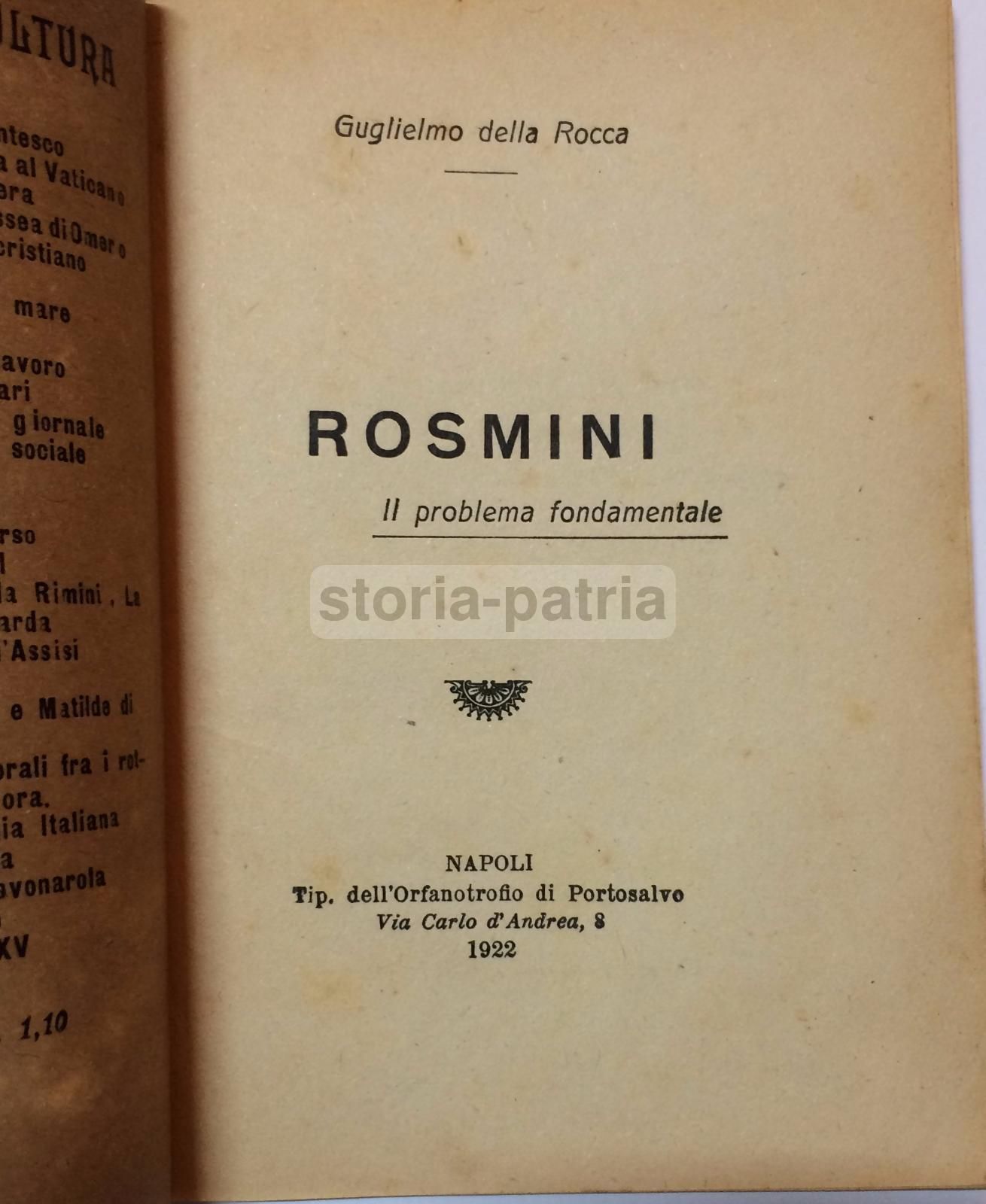 Rosmini. Il Problema Fondamentale. Della Rocca, 1922. Rara Edizione.