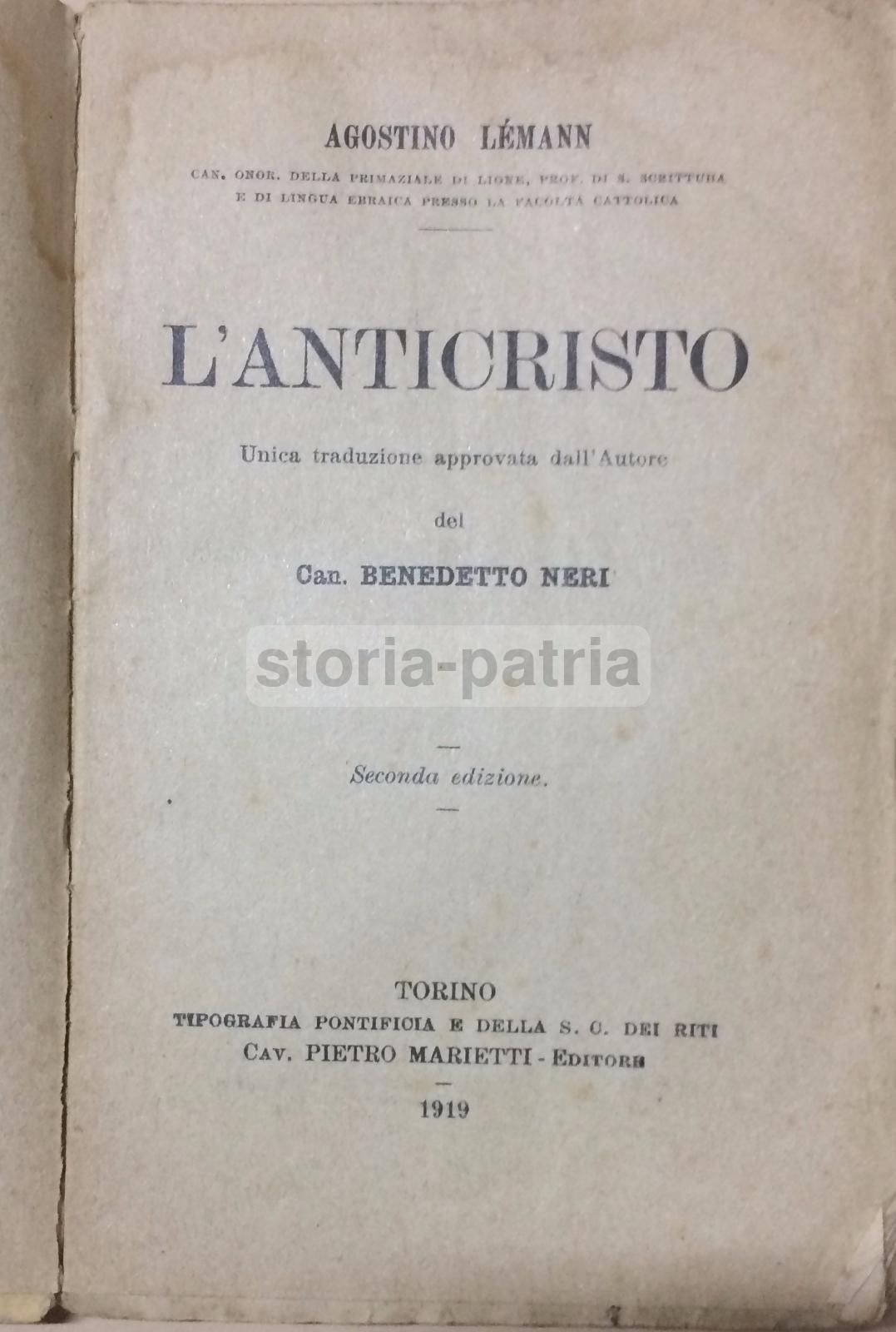 L'Anticristo Di Agostino Lemann, Marietti 1919, Cervognano