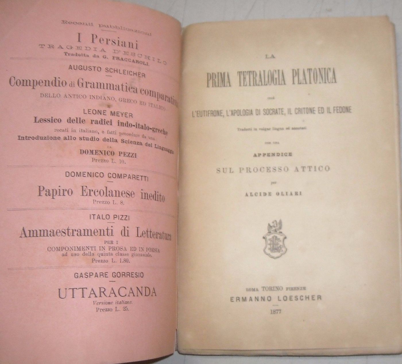 Prima Tetralogia Platonica Oliari 1877 Socrate Critone Fedone