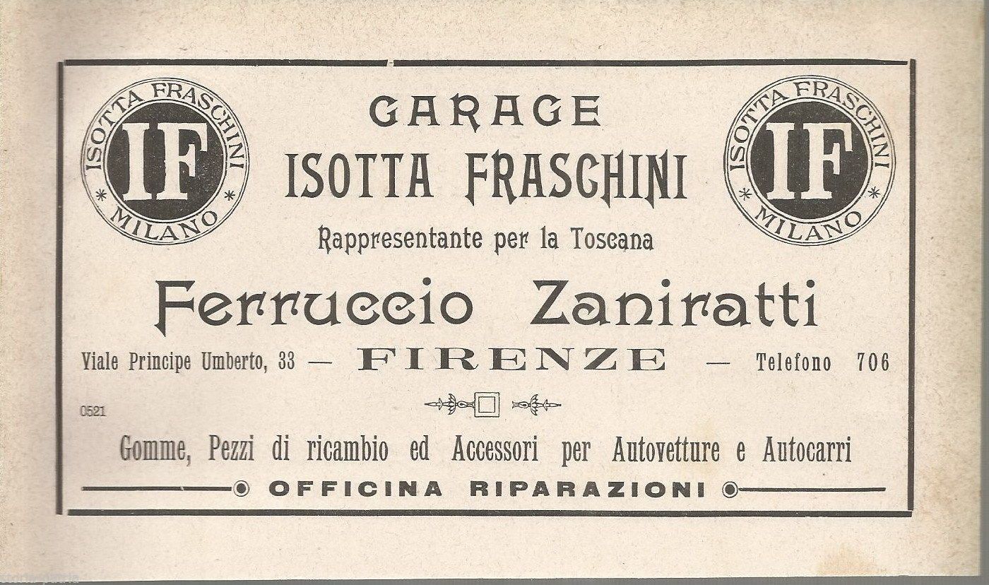 Pubblicità Isotta Fraschini Garage Zaniratti Firenze Anni '20