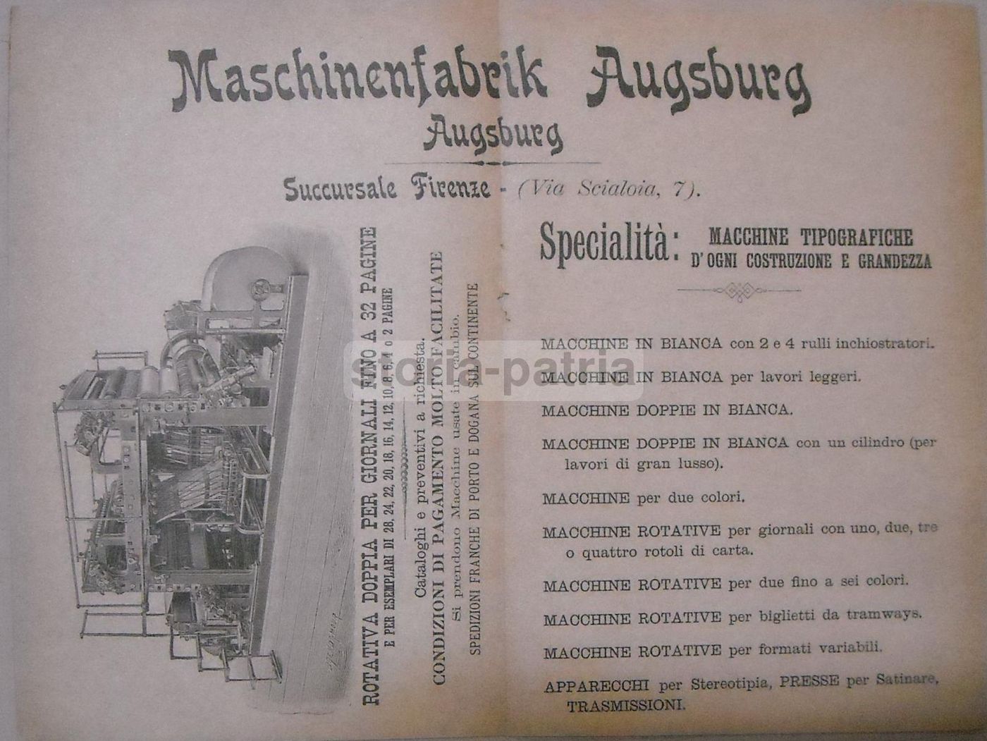 Pubblicità Rotativa Giornali Machinenfabrik Augsburg Firenze 1898