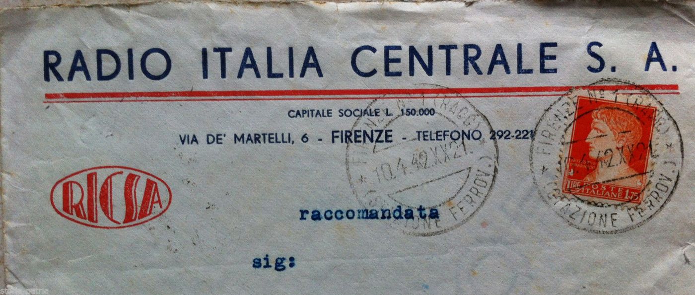 Busta Pubblicitaria Radio Italia Centrale, Firenze 1942, Raccomandata