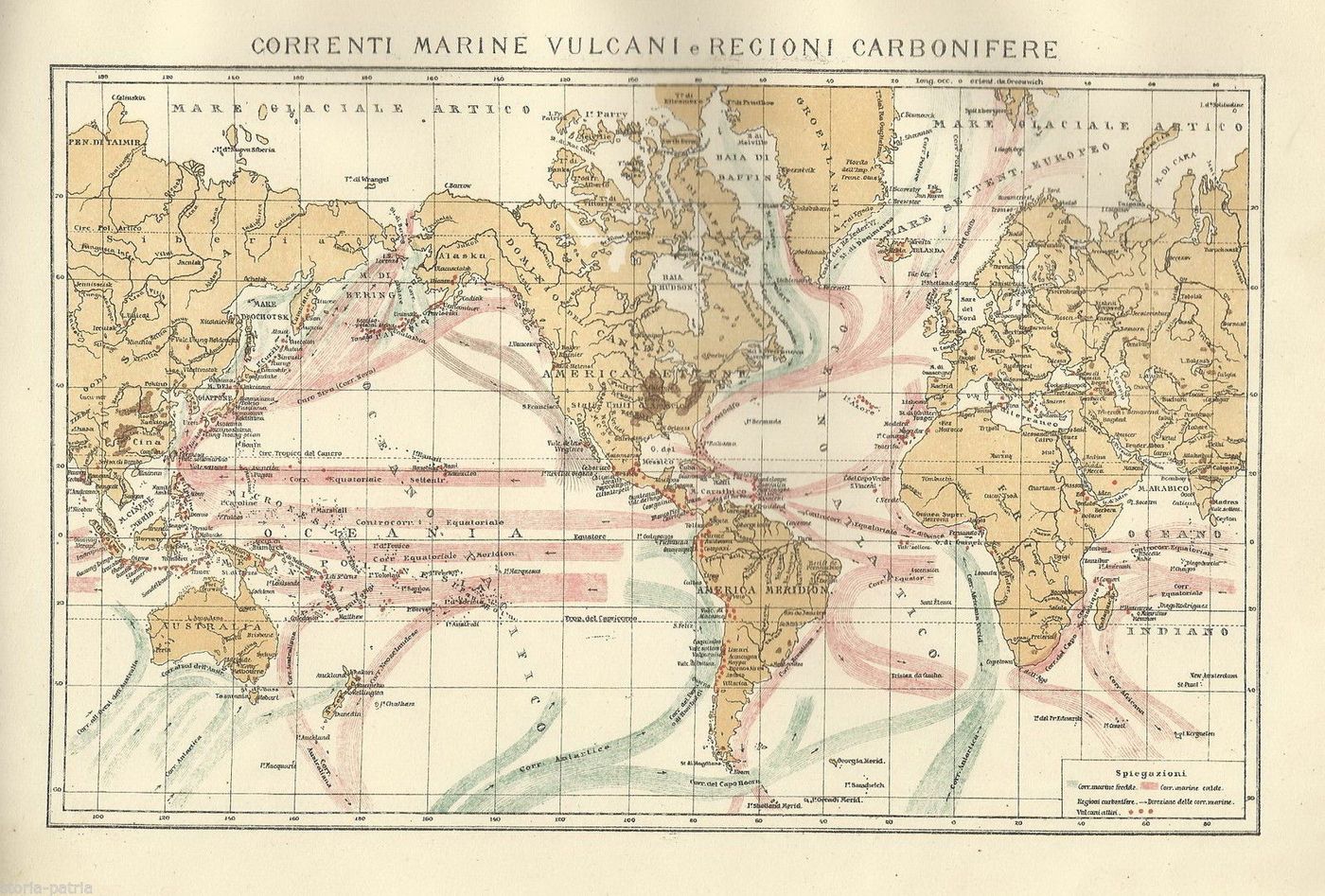 Mappa Antica Delle Correnti Marine, Vulcani E Regioni Carbonifere