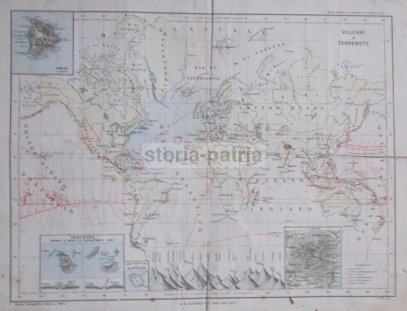 Mappa Antica Vulcani E Terremoti: Etna, Vesuvio, Krakatoa, Hawaii, Fine Ottocento