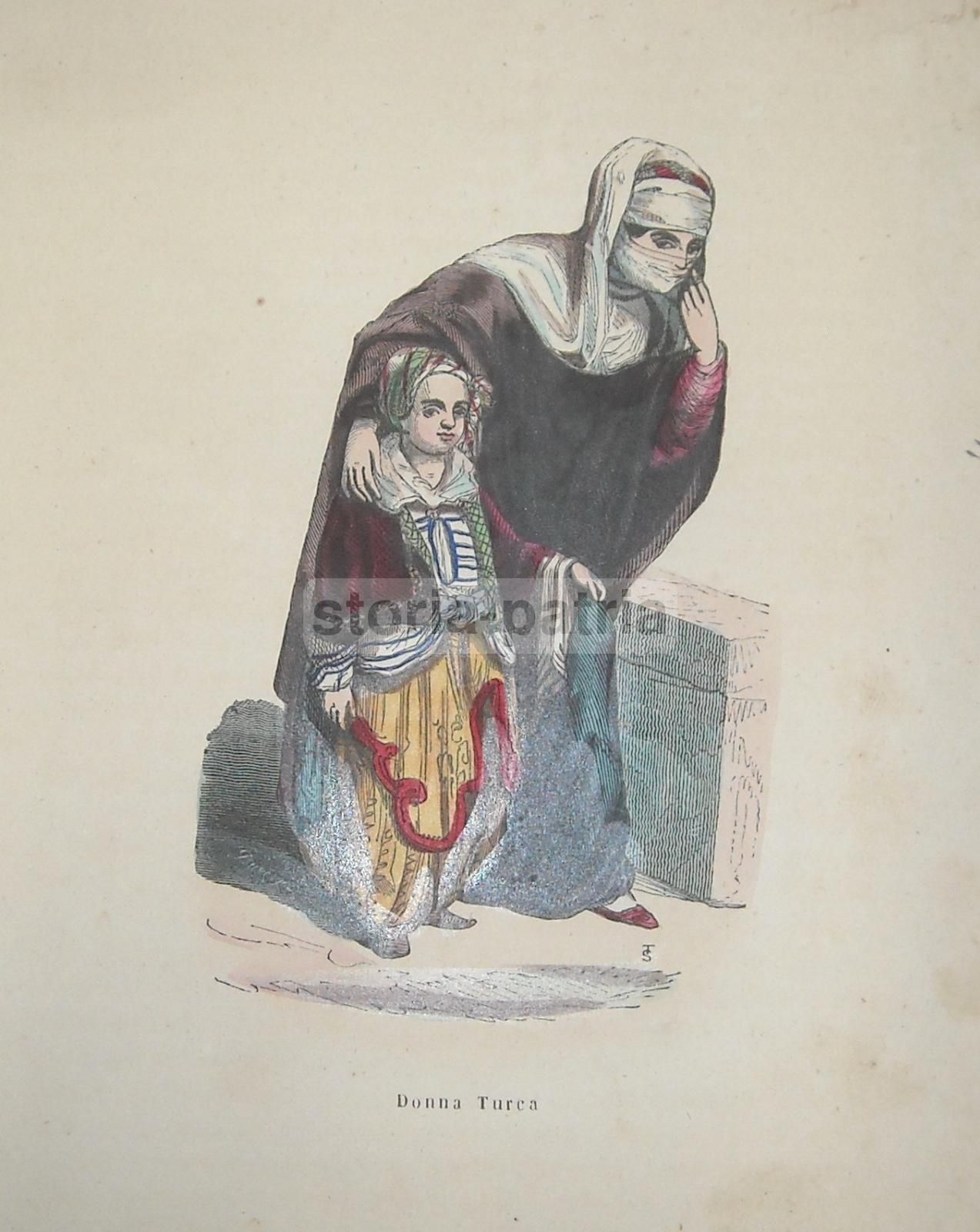 Litografia Antica Costumi Popolari Turchia Donna Turca 1800