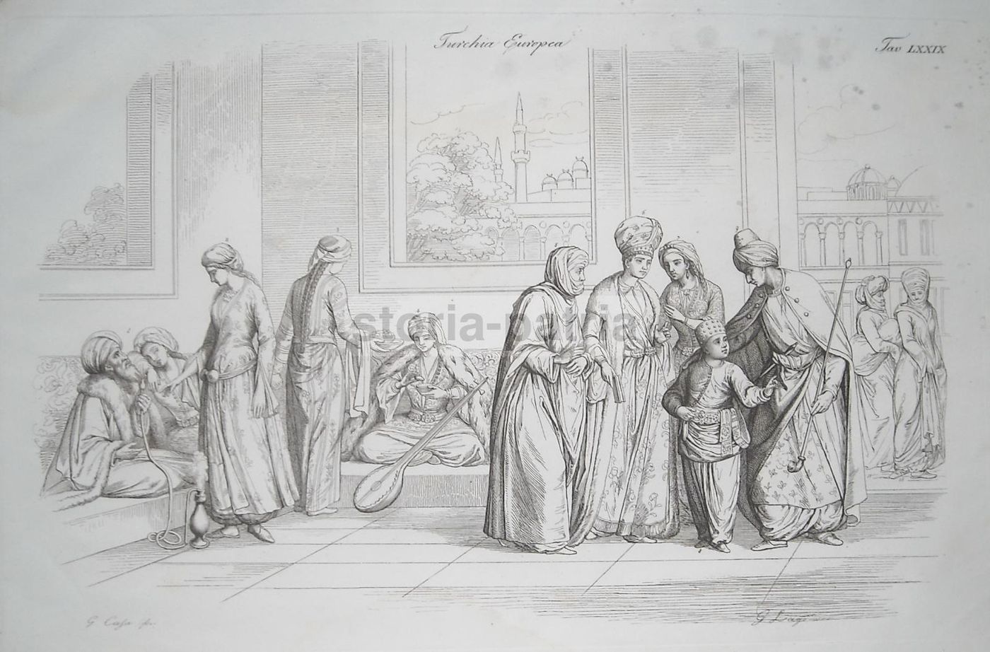 Incisione Antica Turchia Europea, Scena d'Interno E Costumi, 1800 Circa