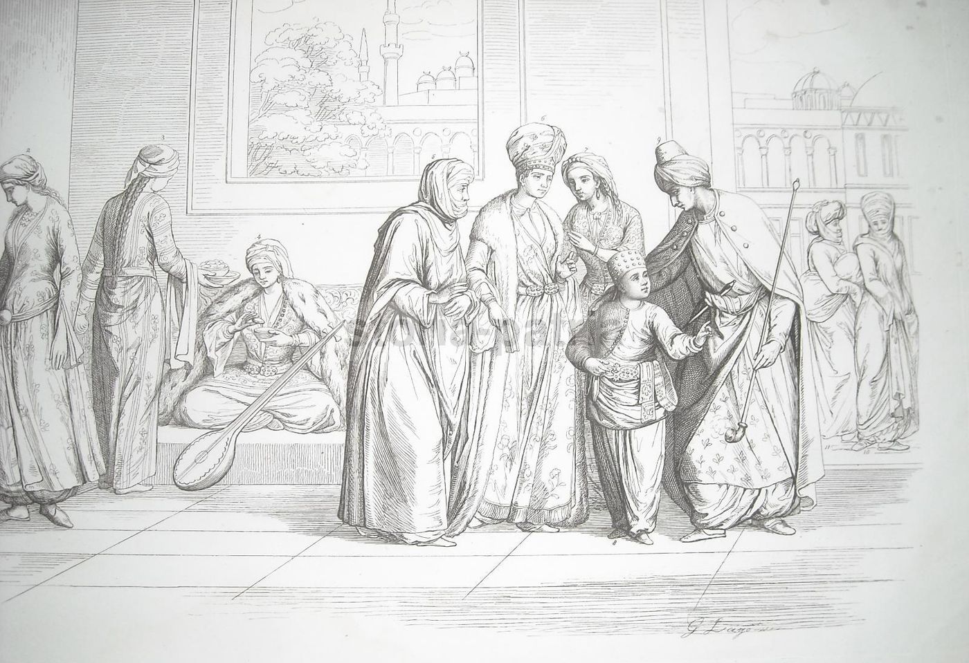 Incisione Antica Turchia Europea, Scena d'Interno E Costumi, 1800 Circa
