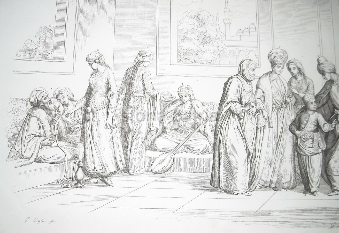 Incisione Antica Turchia Europea, Scena d'Interno E Costumi, 1800 Circa