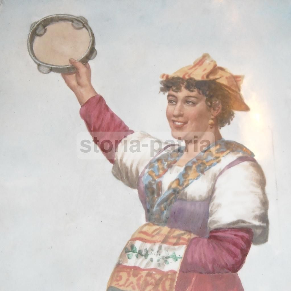 Piatto In Ceramica Con Costume Popolare E Ballerina Di Tarantella, XIX Secolo