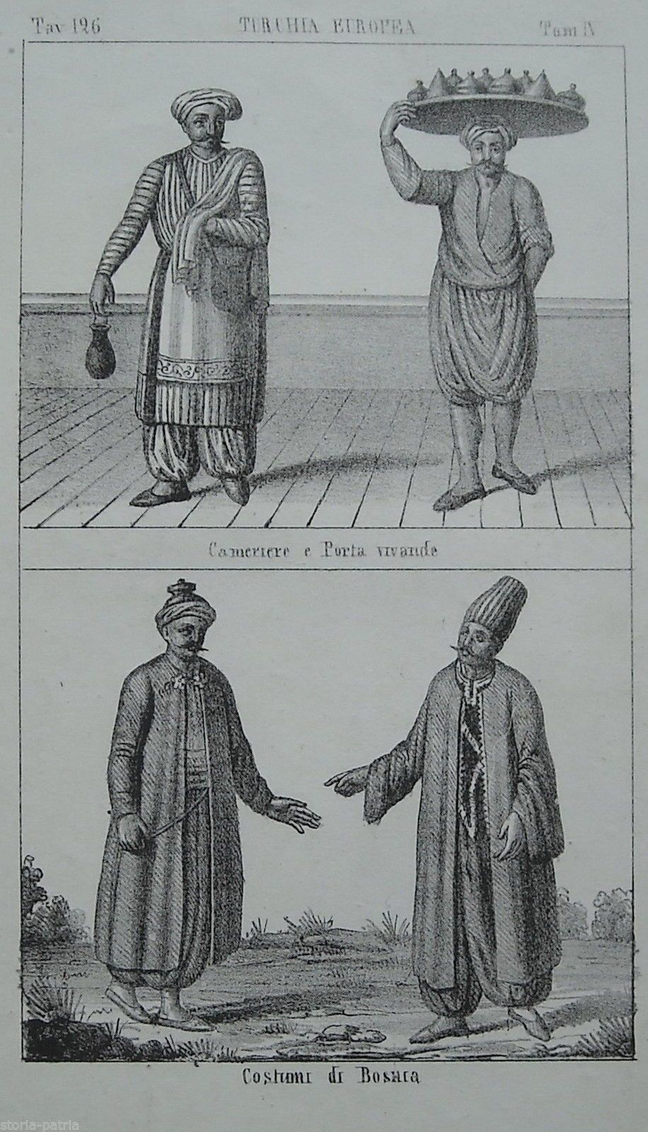 Stampa Litografica Costumi Turchia Europea, Bosnia, Cameriere E Dignitario, 1850 Circa