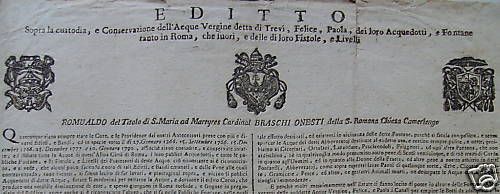 Editto Acqua Vergine Trevi Roma 1801 Braschi Onesti Stemmi Araldici