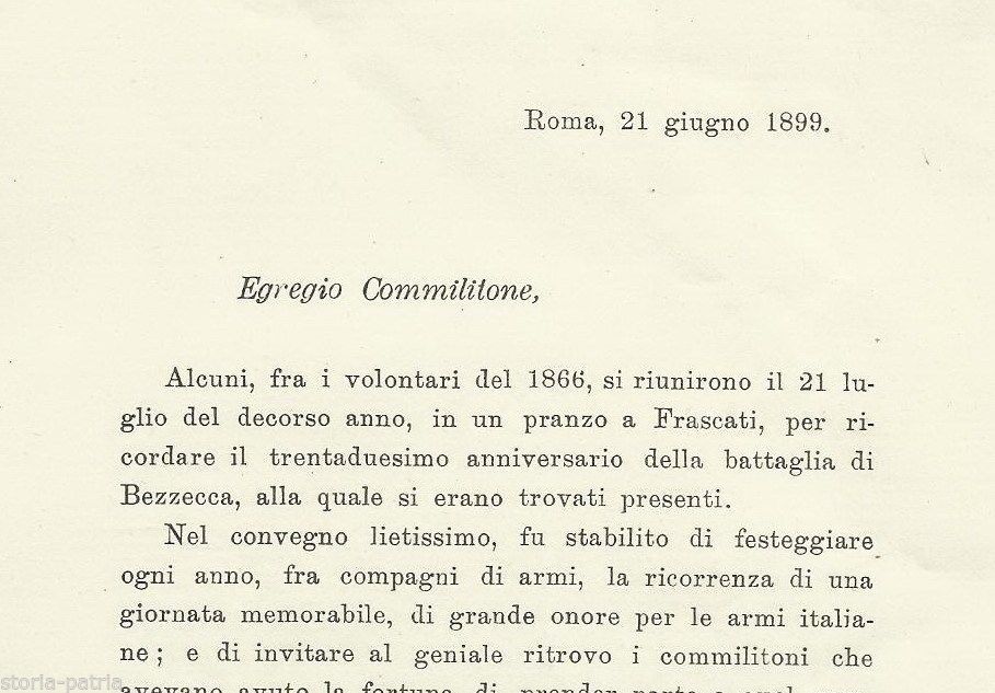 Invito Per La Commemorazione Della Battaglia Di Bezzecca, Frascati 1899