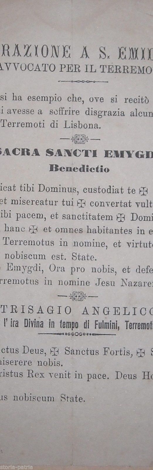 Orazione A San Emidio Per Terremoti, Fulmini E Tempeste (foglio Volante Antico)