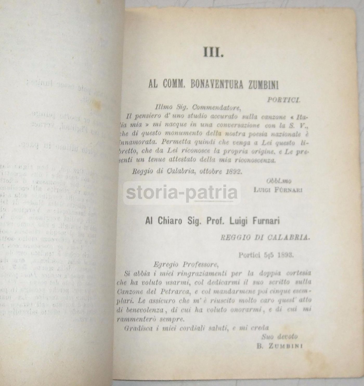 Furnari, Le Canzoni. Petrarca, Reggio Calabria, 1895. Prima Edizione.
