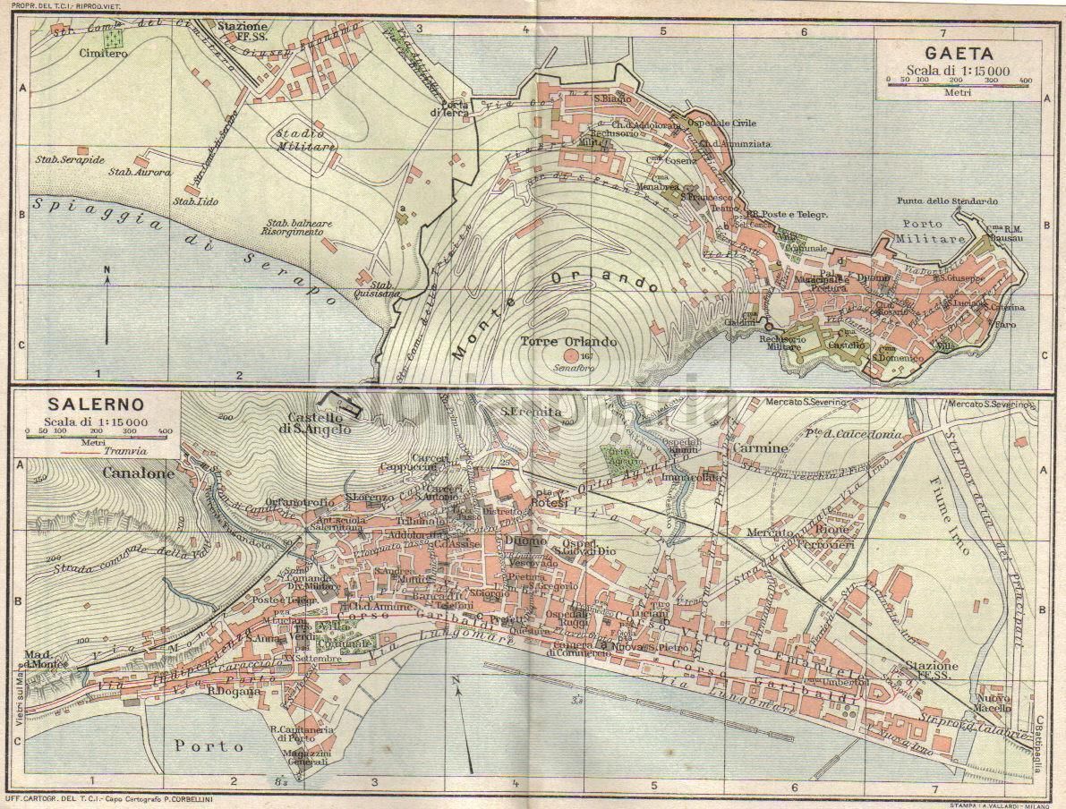 Mappe Antiche Gaeta, Salerno E Formia, Anni '20, Vallardi TCI