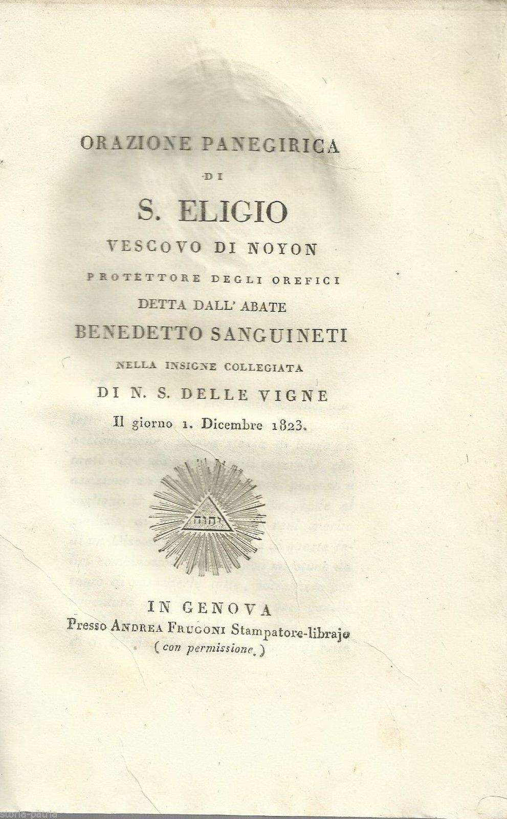 Orazione Panegirica Di S. Eligio, Benedetto Sanguineti, 1823, Genova, Orefici