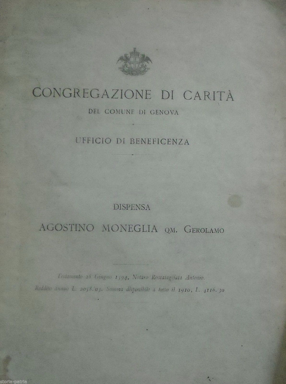 Lascito Moneglia, Congregazione Di Carità, Genova 1911   Notariato