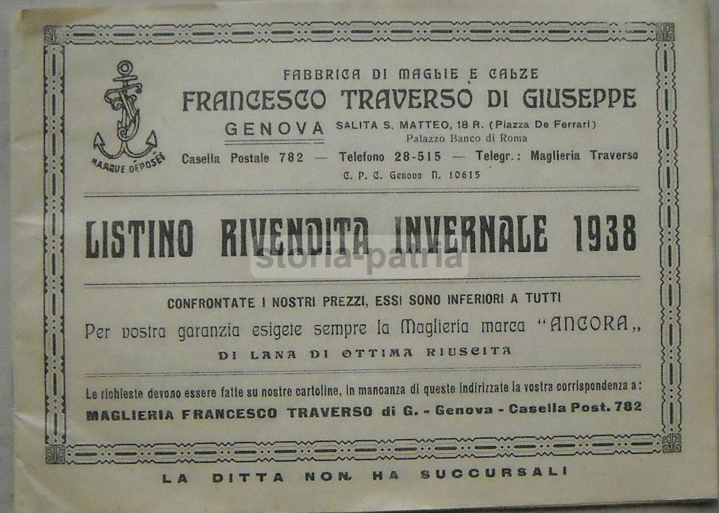 Listino Rivendita Maglieria Francesco Traverso Genova 1938