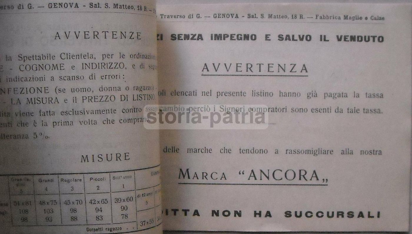 Listino Rivendita Maglieria Francesco Traverso Genova 1938