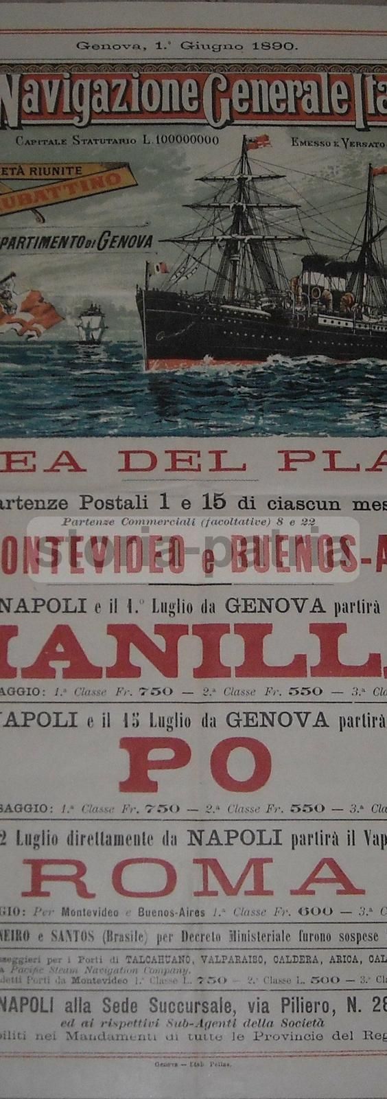 Manifesto Navigazione Generale Italiana, 1890, Genova E Napoli Per Le Americhe