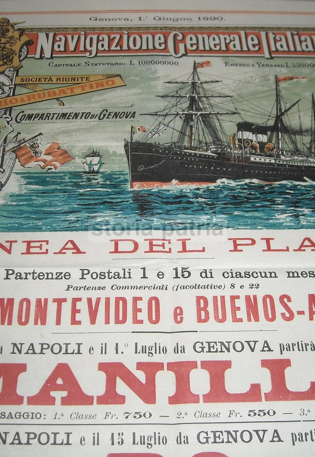 Manifesto Navigazione Generale Italiana, 1890, Genova E Napoli Per Le Americhe