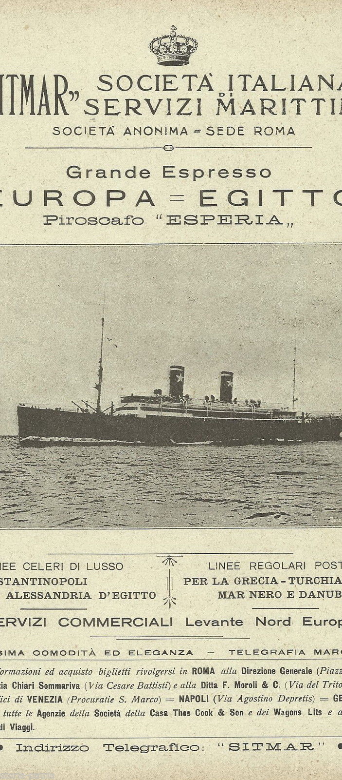 Volantino Pubblicitario Sitmar Piroscafo Esperia Egitto 1922