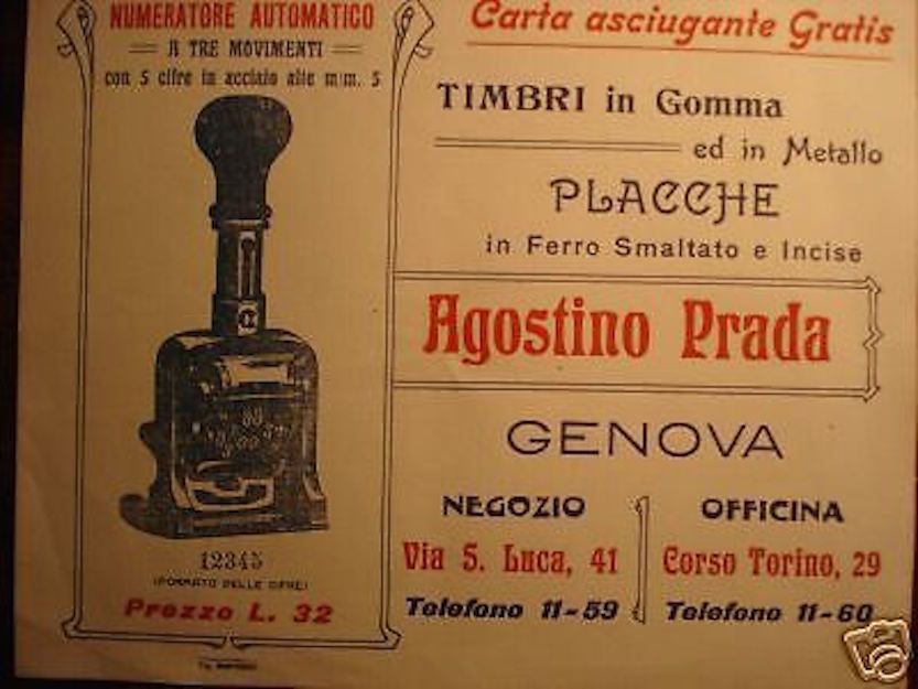 Pubblicità Antica Prada Timbri Genova, Primo '900