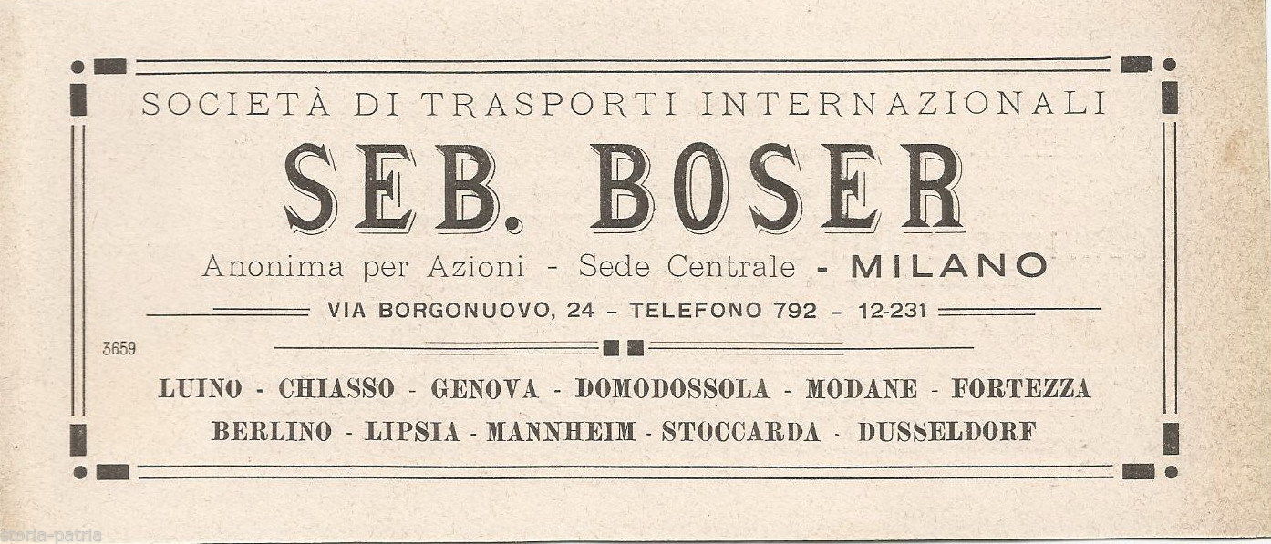 Stampa Pubblicitaria Boser Trasporti Internazionali Milano 1922