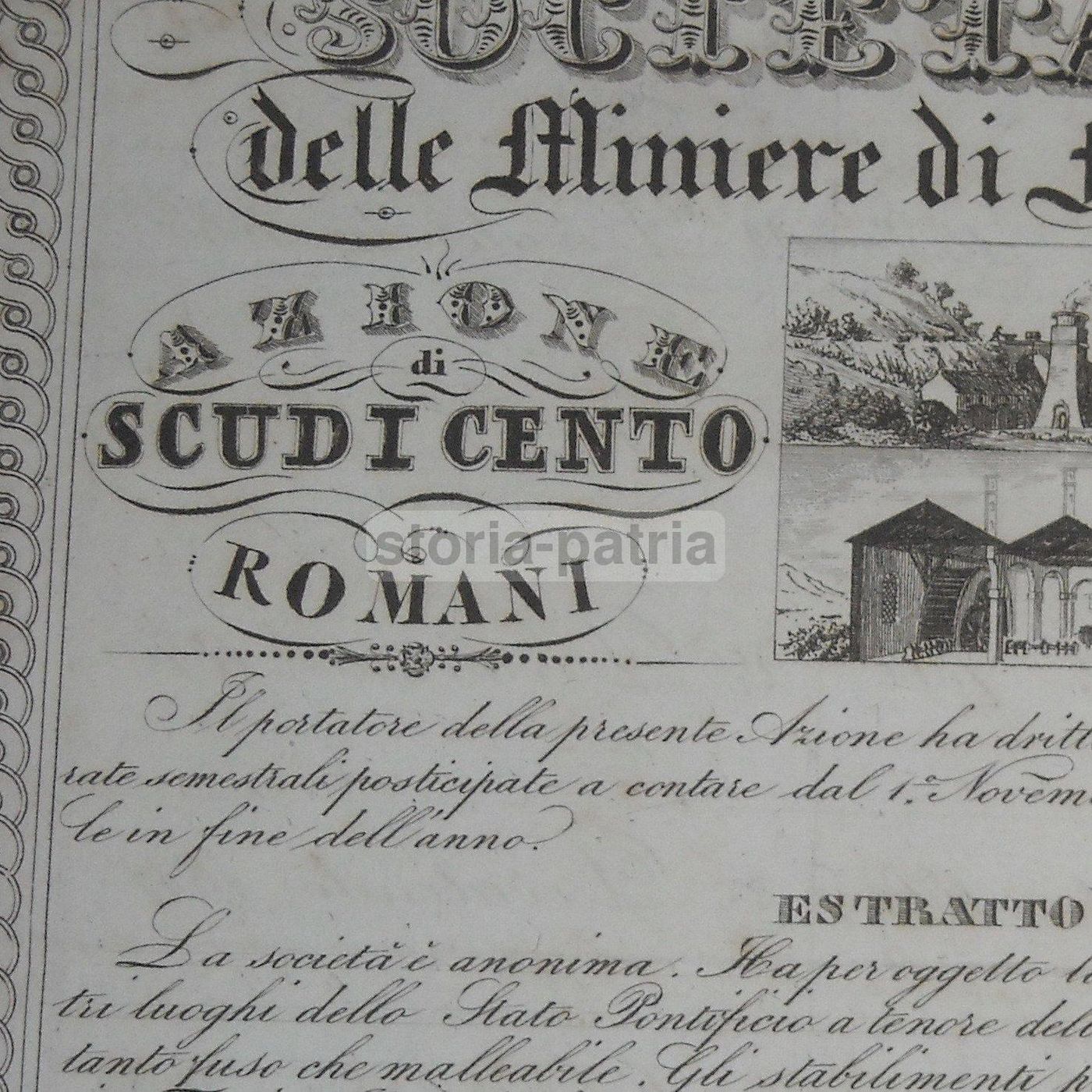 Certificato Azionario Miniere Ferro Tolfa Tivoli Terni Roma 1849
