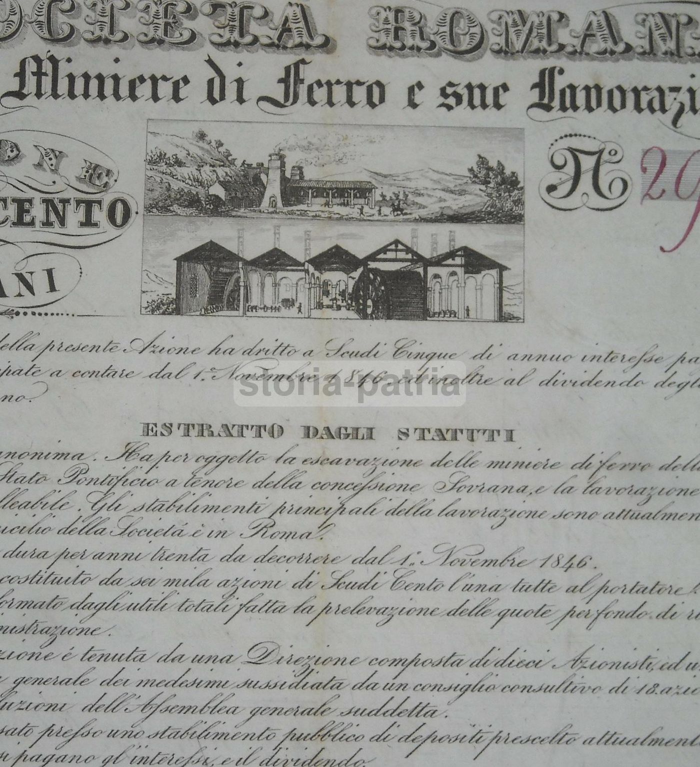 Certificato Azionario Miniere Ferro Tolfa Tivoli Terni Roma 1849