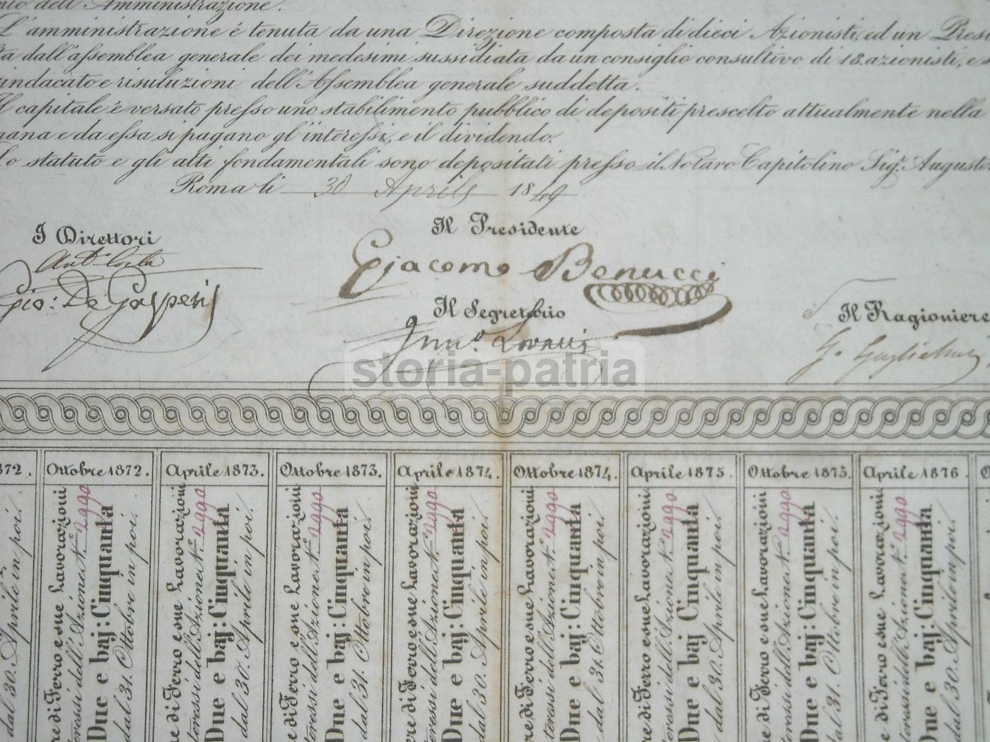 Certificato Azionario Miniere Ferro Tolfa Tivoli Terni Roma 1849