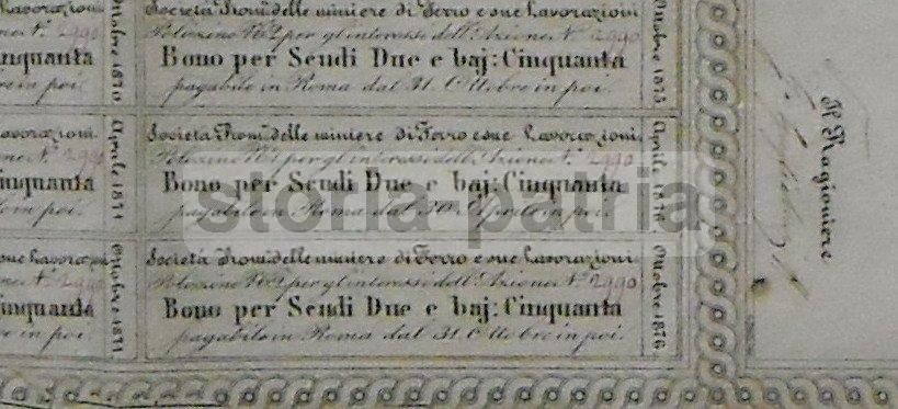 Certificato Azionario Miniere Ferro Tolfa Tivoli Terni Roma 1849