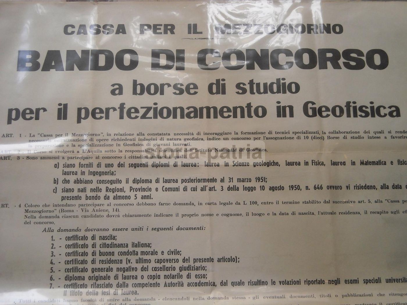 Manifesto Bando Concorso Geofisica L'Aquila Cassa Mezzogiorno 1955