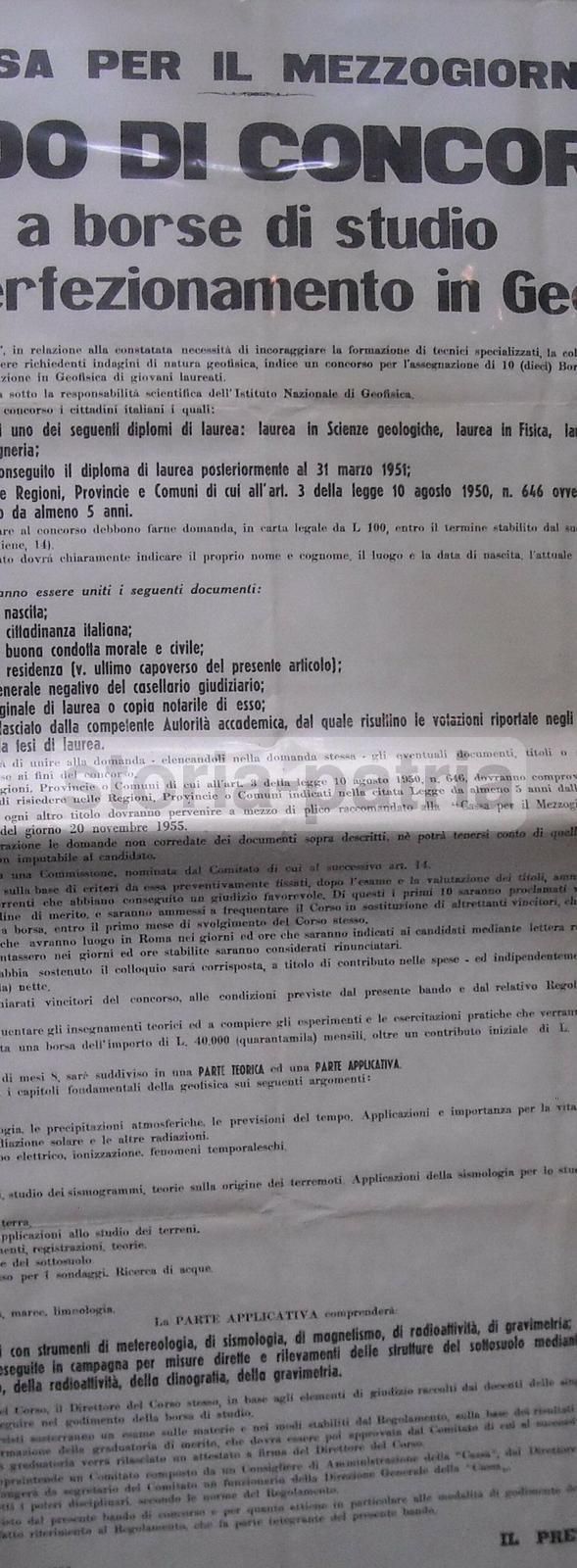 Manifesto Bando Concorso Geofisica L'Aquila Cassa Mezzogiorno 1955