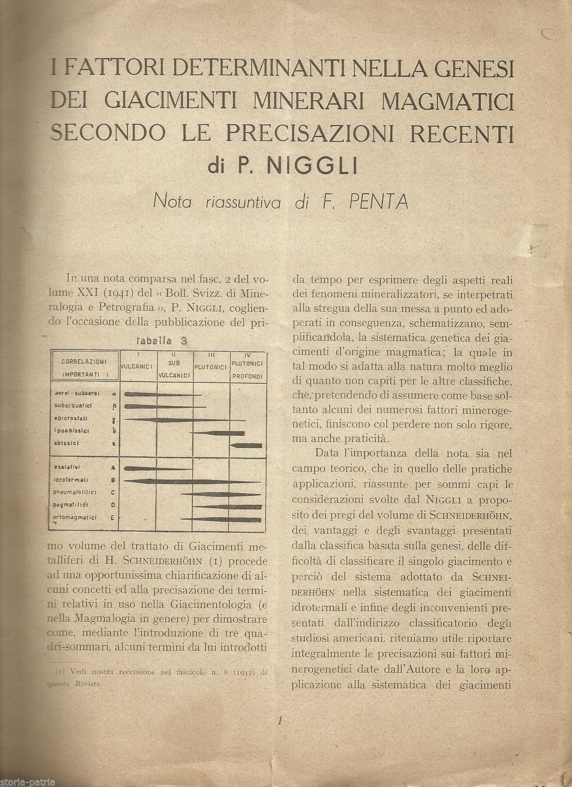Giacimenti Magmatici: Niggli E Penta, 1942. Tabelle Di Geologia E Mineralogia.