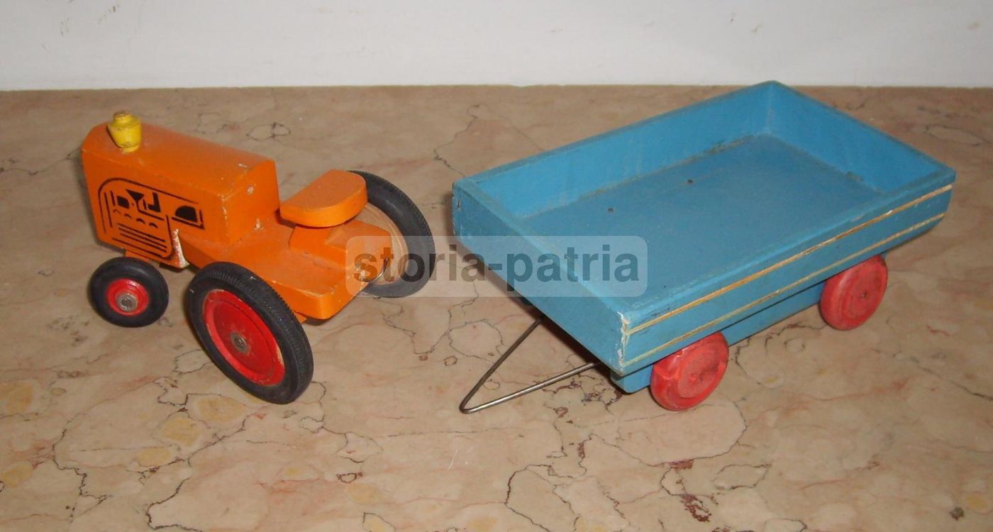 Giocattolo Vintage Trattore Con Rimorchio In Legno Anni '50