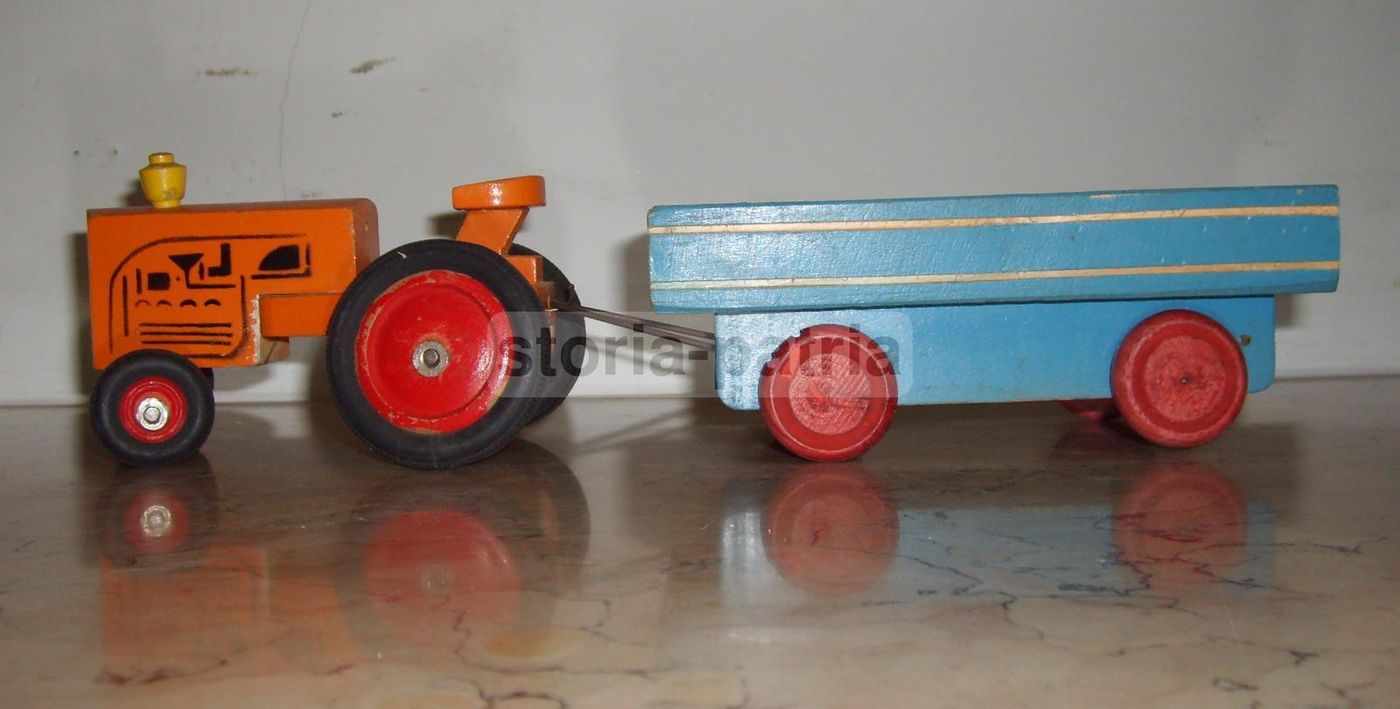 Giocattolo Vintage Trattore Con Rimorchio In Legno Anni '50