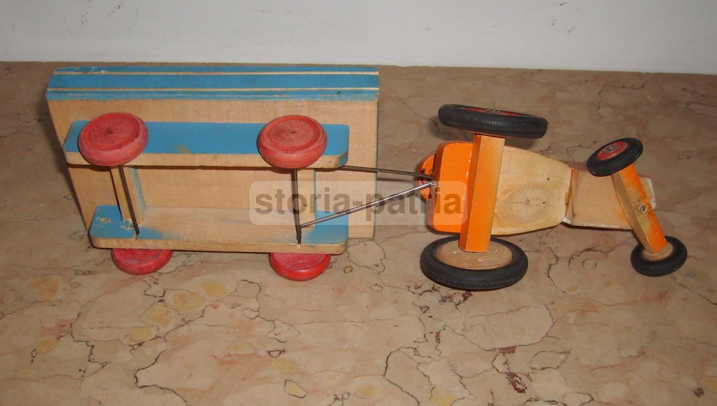 Giocattolo Vintage Trattore Con Rimorchio In Legno Anni '50